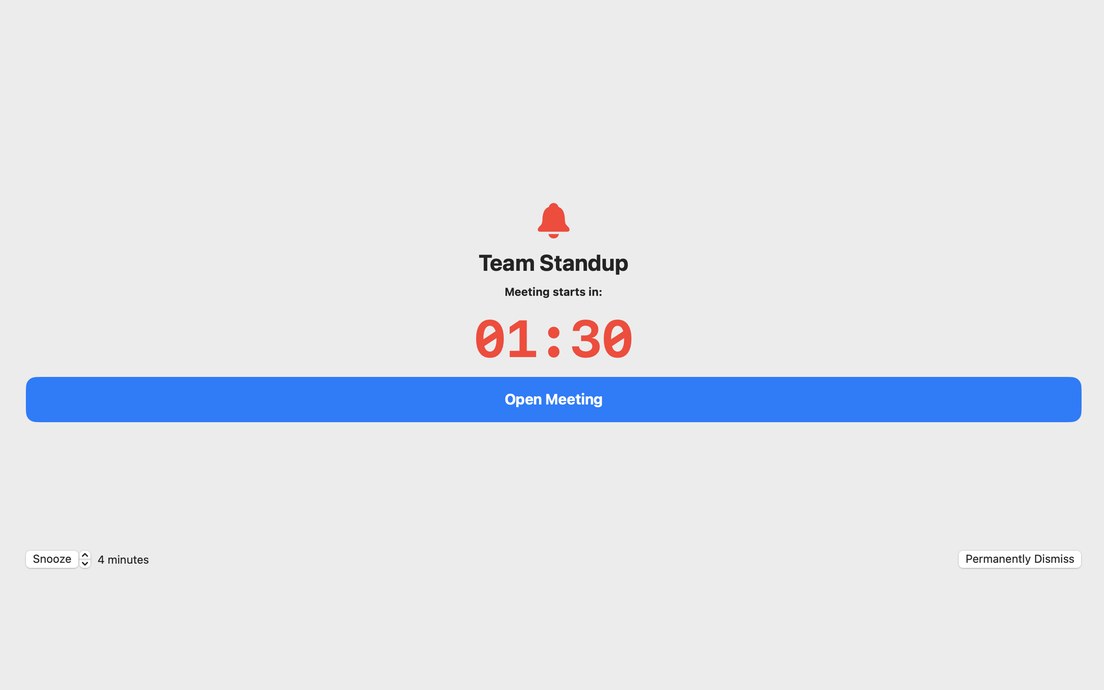 BeOnTimeApp full-screen meeting alert with countdown and Open Meeting button