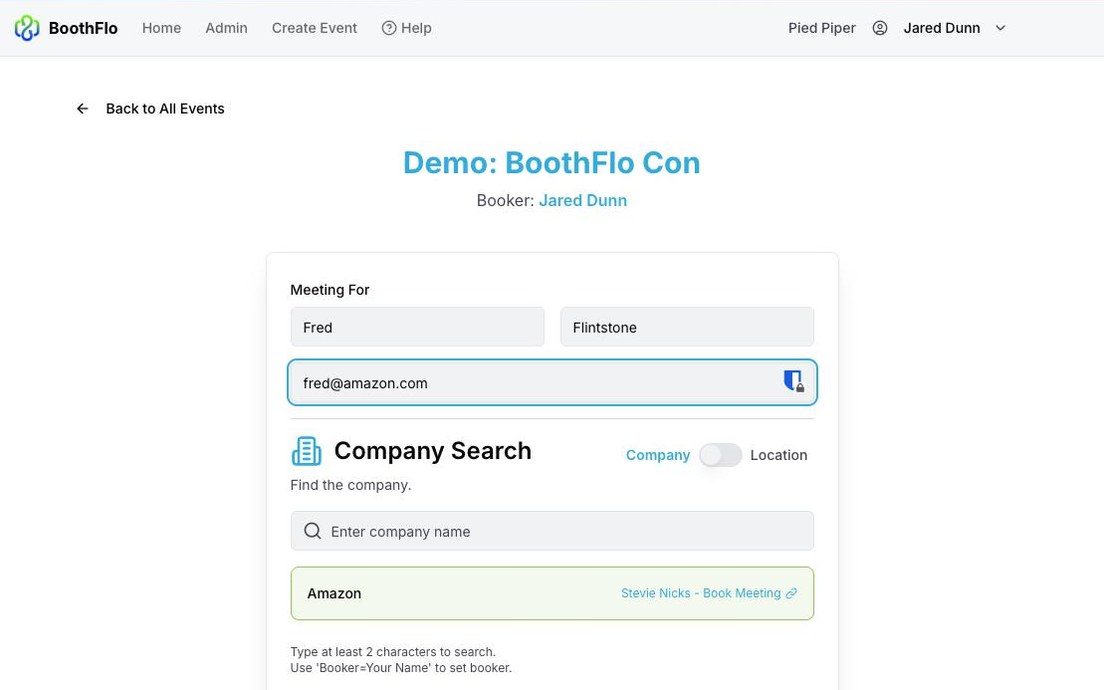 BoothFlo booking screen: company search finds a match and books a meeting with the account owner