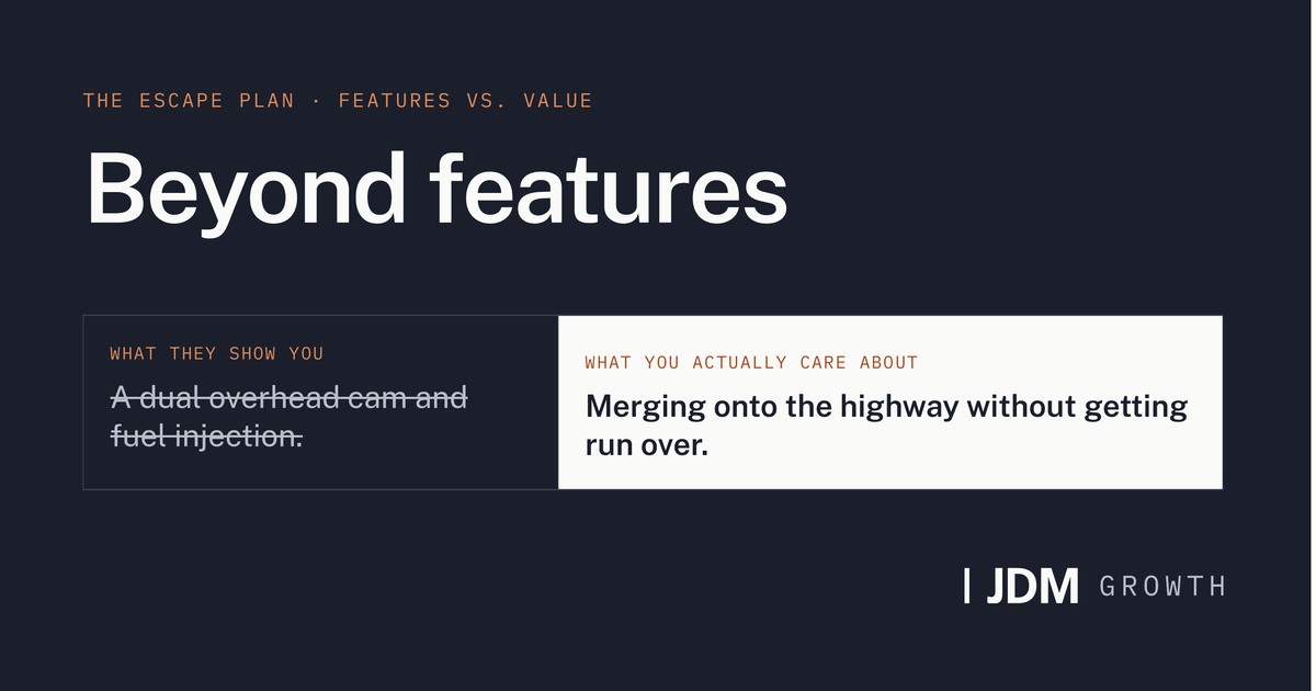 Beyond features. The salesperson shows you a dual overhead cam and fuel injection; what you care about is merging onto the highway without getting run over.